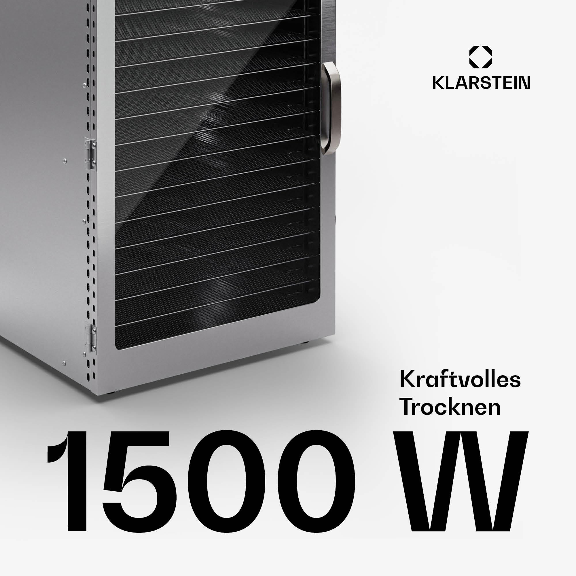 Klarstein Dörrgerät, Dörrautomat für Gemüse, Obst, Pilze & Fleisch, 1500W Edelstahl-Dörrautomat, Trockenautomat mit 16 Metallgitter, Dörrgerät mit 24H Timer & Touch-Display, Food Dehydrator